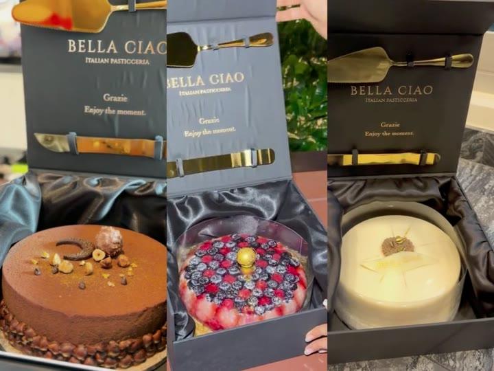 A three-part Bella Ciao film montage showing boxed creations in black-and-gold presentation.