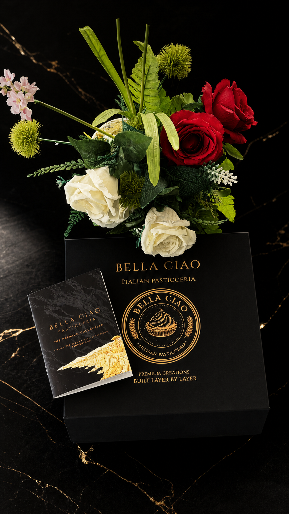 Bella Ciao black-and-gold presentation box arranged for an occasion.
