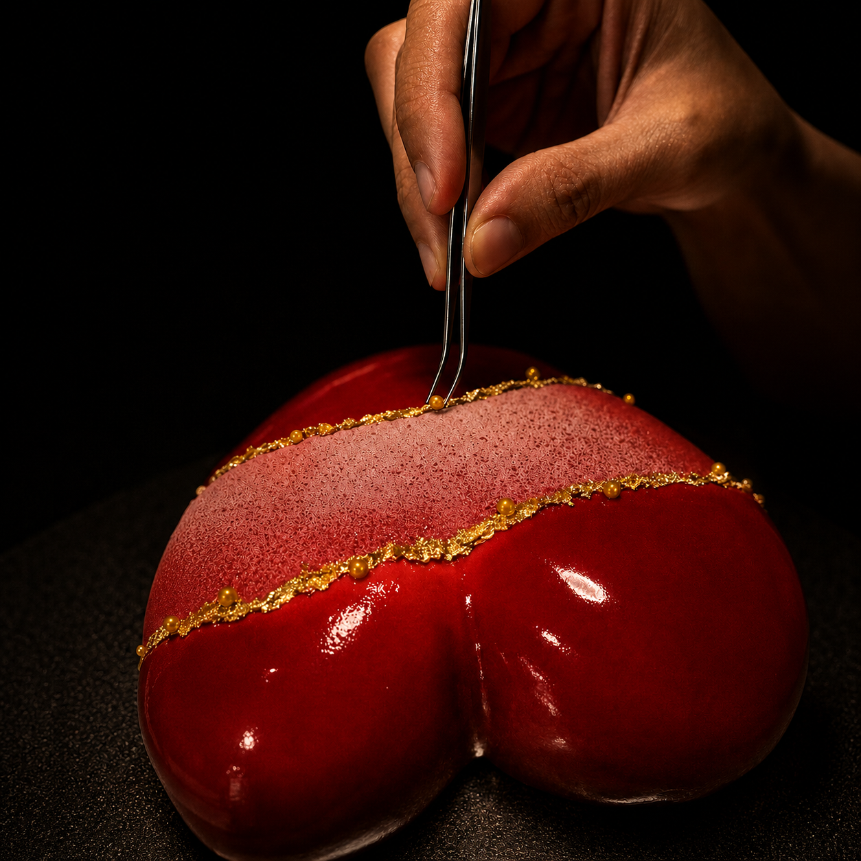 Cuore Rosso being finished by hand with precise gold detailing in the Bella Ciao pastry atelier.