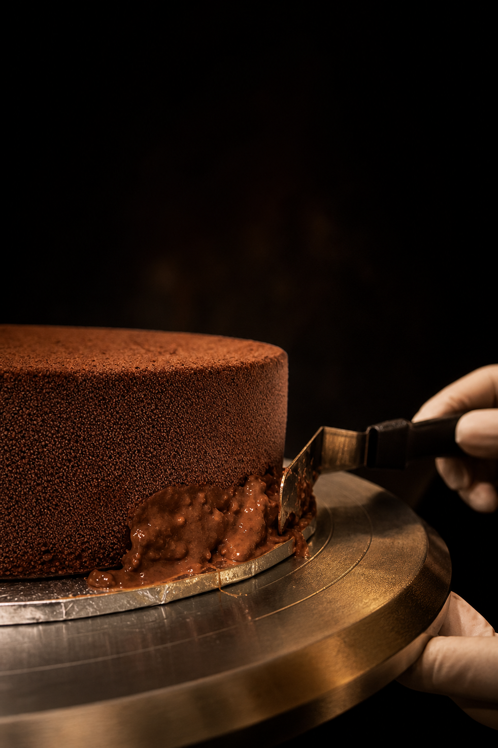A Bella Ciao chocolate cake being finished by hand during production.