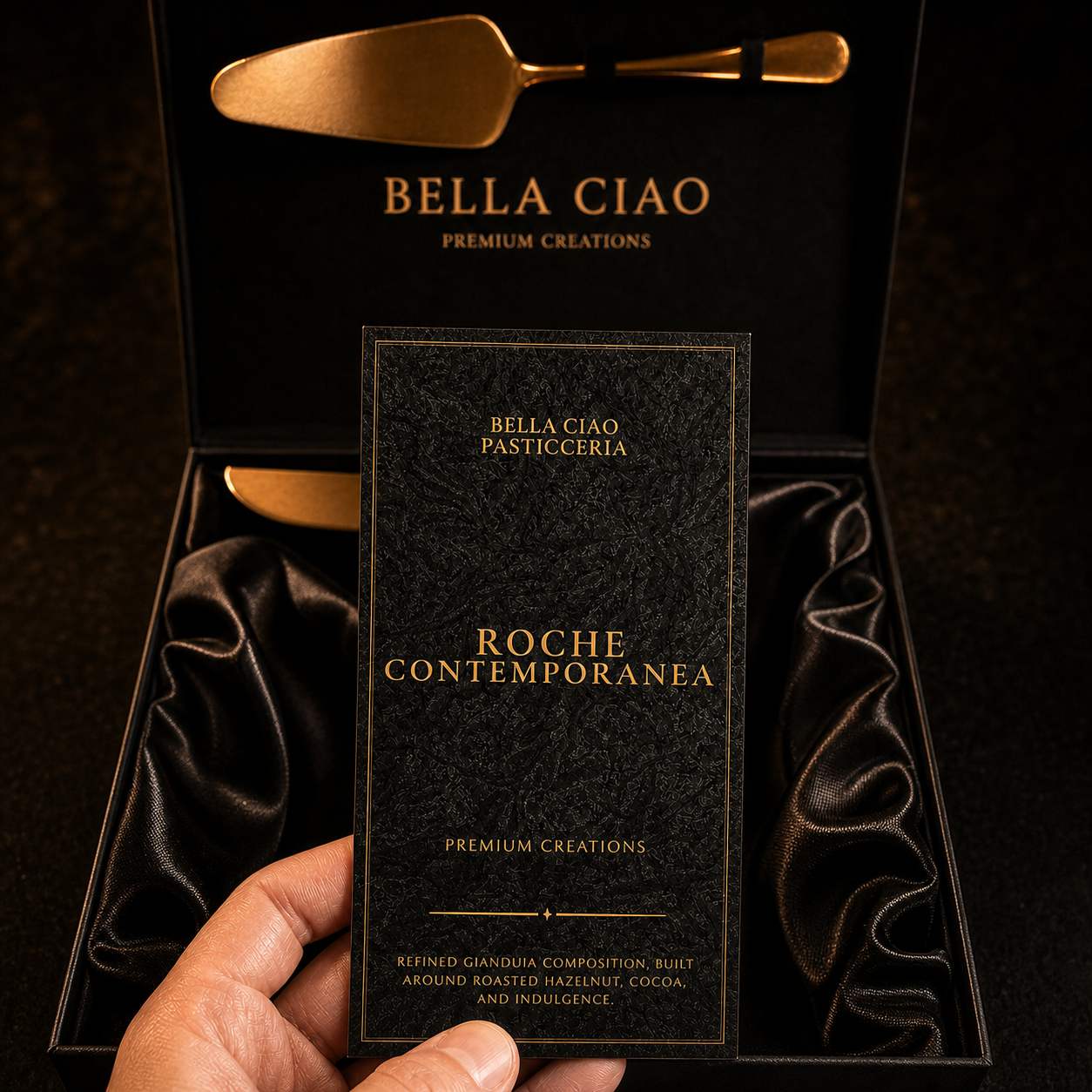 Open Bella Ciao gift box with satin lining and printed creation card.